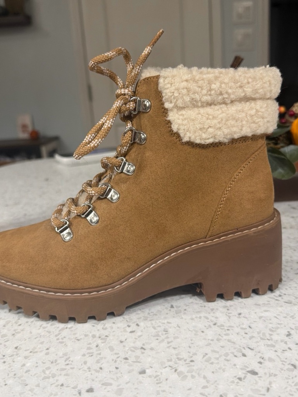 Universal Thread Tan Suede Lace-Up Platform Boot with Cream Faux-Shearling Cuff